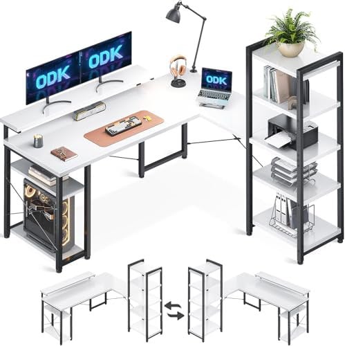 ODK Corner Desk with Shelves, Reversible L Shaped Desk with Monitor Stand, Reversible Home Office Table, White, 155 × 140 cm