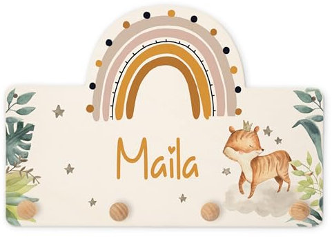 KIDSMOOD Personalisierte Wand-Garderobe mit Wunschnamen, Kleiderhaken aus Holz mit süßem Tier-Motiv für Babyzimmer, individuelle Garderobenleiste für Kinderzimmer