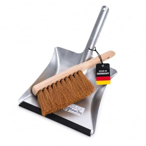 Robuste Kehrgarnitur Kokos Borsten Handfeger und Kehrschaufel Besen Set | Kokos-Naturfaser-Borsten, Holz Handfeger 28cm, Metall-Kehrblech mit Lippe, Handwerkerbesen Set