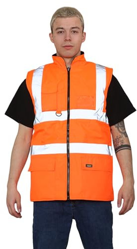 Grunge Wear® Hi Vis Bodywarmer Fleece Lined Reversible Gilet Jacket - Hi Viz High Visibility Waterproof Workwear Security Safety Wear Warm Sleeveless Waistcoat Body Warmer Vest Top (Orange, XX-Large)