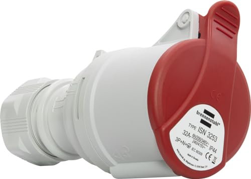 Brennenstuhl Enchufe industrial con tapa CEE de 5 polos, 400 V/32 A, para uso exterior, conexión atornillable, uso en obras, camping, aplicaciones comerciales, IP44