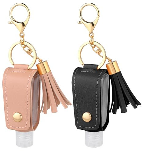Mozeat Lens 2 Pcs Small Hand Sanitizer Keychain Portable Leather Hand Sanitizer Holder Leakproof Plastic Empty Bottles Hand Sanitizer Travel Holder Bottle for Lotion Liquid Soap Shampoo Black Pink