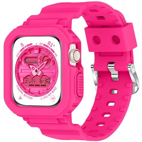 XYF Compatible for Crystal Clear Apple Watch Bands, 45mm 44mm 42mm Bumper Case for Men Women Jelly Sport Cover Strap for iWatch Ultra 3 2 Series 11 10 9 8 7 SE 6 5 4 3 (Matte Hot Pink, 42/44/45)