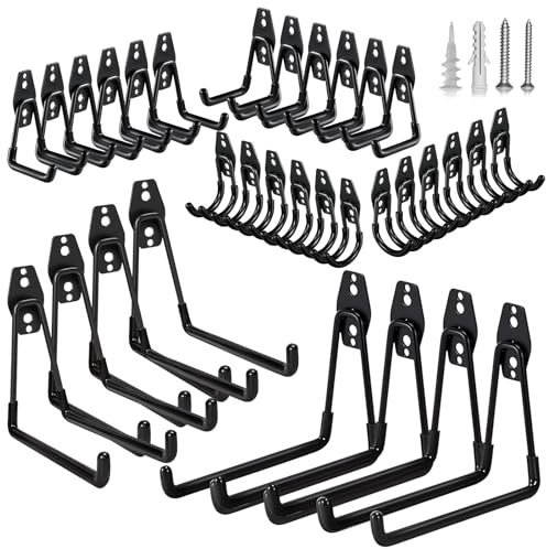GUDEMAY 32 Stück Wandhaken Garage, Schwerlast Garagenhaken in 4 Größen mit Schrauben & Gummischutz, Platzsparende Aufbewahrung Wandhalterung für Werkzeug Fahrräder Leiter Ski Gartengeräte - Schwarz