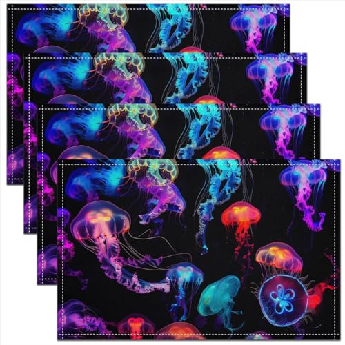 Homewish Bunte Quallen Platz Matten 45Bx30L, Nautische Meer Tier Öl Beweis Waschbare Tischsets für Jungen Mädchen, Unterwasser Welt Marine Leben Tischmatten Dekor 4Pcs