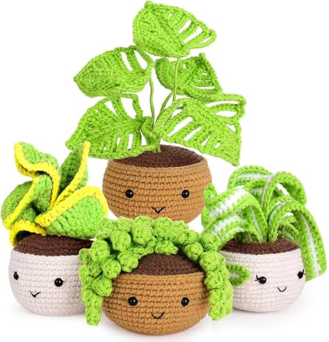 ASTNIC Kit de crochet para principiantes, 4 Piezas Cactus en macetas de Plantas de Ganchillo, Crochet Kits con Agujas de Ganchillo e Hilo de Lana Tutoriales en Video Paso a Pas, Manualidades DIY