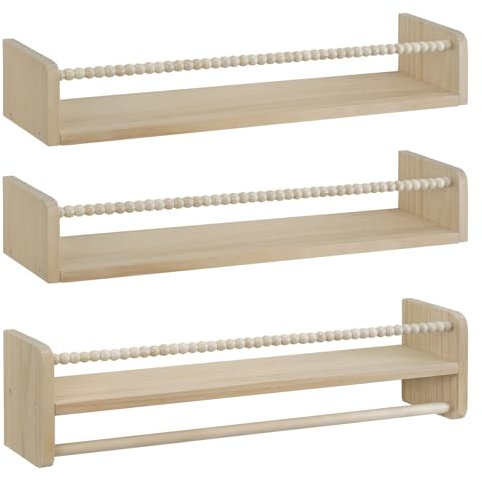 WOLTU 3er Set Kinder Bücherregal Wand, 60cm Wandregal Kinderzimmer, aus Massivholz, Hängeregal Schweberegal Kinderregal, Montessori Regal, für Bücher Spielzeug, Naturholz Farbe