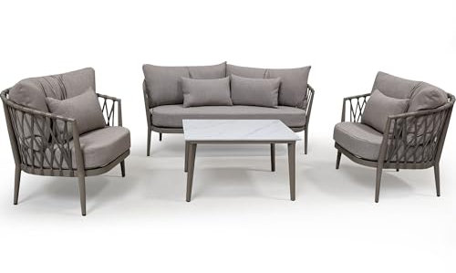 osoltus Lounge Gartenmöbel Set 4tlg. Vienna | Bank, 2 Sessel Salbei und Tisch in Marmor Optik