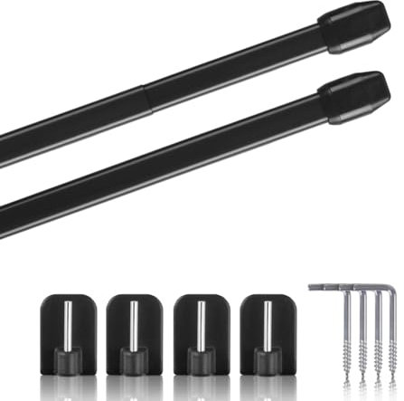 Vitragestangen 2er Pack ausziehbar, 2 Gardinenstangen mit Selbstklebehaken - Befestigung ohne Bohren (Farbe: Schwarz, Größe: 80-120cm)
