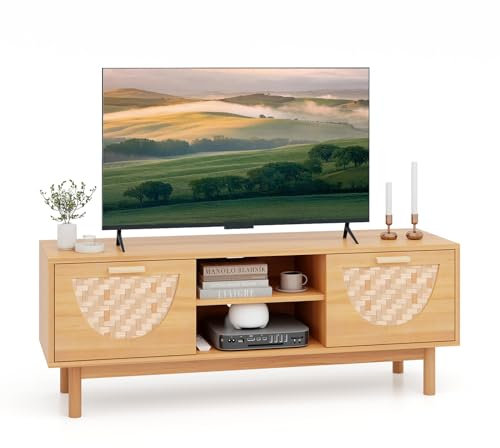 KOMFOTTEU Fernsehtisch TV-Schrank aus Holz, Fernsehschrank für TV bis zu 55 Zoll, TV Lowboard mit 2 Tür aus Bambus, Fernseher Konsole 120x35x45,5 cm
