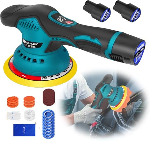 Exzenter Poliermaschine mit 125mm Polierschwamm, 150mm Poliermaschine mit 2x2000mAh Wiederaufladbarem Akkus, Orbital Auto Politur Set für Detaillierung, Polieren