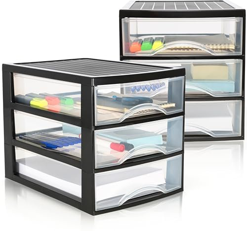 Hausfelder Schubladen Organizer A4, 2 Aufbewahrungsboxen mit je 3 Schubladen, ideal als Ablagebox für den Schreibtisch, für Büromaterial, 2 Container aus Kunststoff, Schwarz Transparent