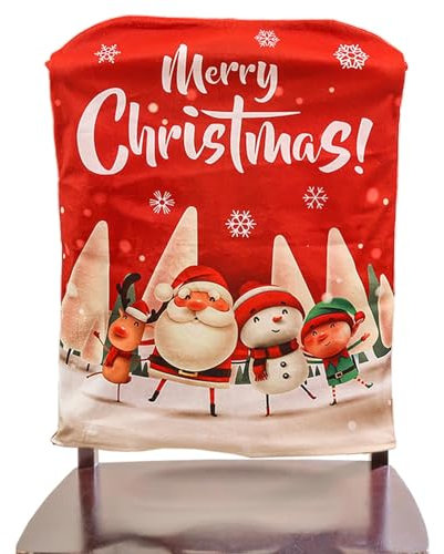 Stuhlhussen mit Vier Puppen, Weihnachtsmotiv, Weihnachtsmann, Rentier, Weihnachten, abnehmbar, waschbar, Stuhlschoner für Weihnachten, 58 x 48 x 0,3 cm