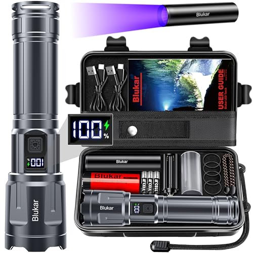 Blukar Recargable Linternas LED Alta Potencia, Enfoque Ajustable Táctica Linterna con 4 Luz y 3 Temperaturas de Color, IP67 Impermeable & Portátil Linterna de Emergencia para Senderismo/Camping/Viajes