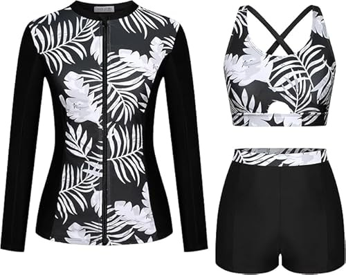 Kate Kasin, costumi da bagno da donna con motivo floreale, set da 3 pezzi: rashguard, maglietta con cerniera, boyshort, protezione solare, sport acquatici, tankini set per surf, nuoto, L