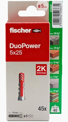 fischer - Duopower 5x25-45U, Tacos para pared multimaterial, sirven para Colgar Bicicletas, Cuadros, Armarios, Soportes de Televisión, Estanterías, Muebles.