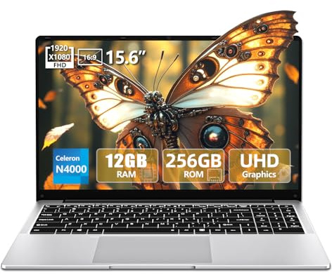 15.6 inch Laptop, Laptops with Celeron N4000, 2025 Gaming Laptop for 12GB LPDDR4 256GB SSD, IPS FHD 1920x1080, WiFi+BT4.2+Mini HDMI+TF Card Slot, Traditional Laptops Computers Convertible 180° Netbook