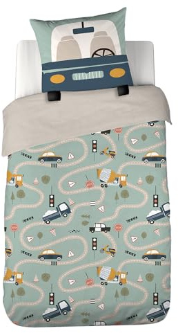 CÔTE DECO Bettwäsche Rennstrecke Autos Kinder 140 x 200 cm – 2-teilig | 1 Bettbezug 140 x 200 cm + 1 Kissenbezug 63 x 63 cm, blau, grau – Mikrofaser