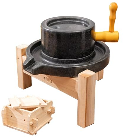 Natural Granite Stone Mill, Hand Cranked Grain Mill with Wooden Frame and Tofu Mould, 304 Stainless Steel Centre Shaft, Grinds Wheat Flour, Chillies, Spices(25cm/9.8in)