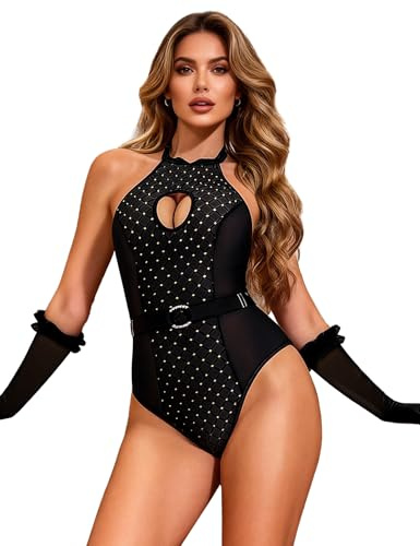 sunshinelady Body Damen Glitzer Mesh Bodysuit Neckholder Oberteil Sexy Dessous Handschuhe Stringbody Transparent Lingerie Große Größen Trachtenbody Mit Knöpfen Gürtel Domina Kleidung Frau Schwarz XXL
