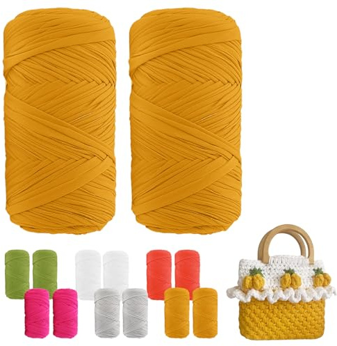 bechoanigel 2 Stück T-Shirt Garn,Tshirt Garn zum Häkeln (je 200g/75 m),Weiches Textilgarn Dicke Häkelgarn Tshirt Yarn für Häkeltaschen/Körbe/Teppiche DIY Projekte, Handarbeiten und Deko (Rattan-Gelb)