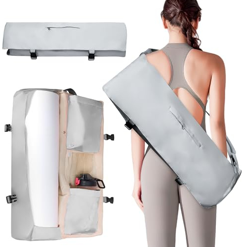 Wasserdichte Yogatasche für Damen mit Nassfach Flaschenhalter Durchgehendem Verstellbarer Schultergurt, Robuste Geräumige Tragetasche Taschen für Pilate Sport Gymnastik Yogamatte Yoga-Zubehör, Grau
