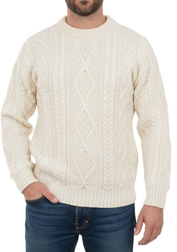 BRAW CLANS TARTANS Wool Jumpers for Men UK - 100% Pure British Wool - Cable Knit, Crew Neck Warm Arran Jumper - Thick Knit Pullover - Round Neck Winter Jumpers