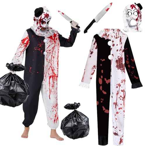 Halloween Kostüm Terrifier,Terrifier Kostüm für Erwachsene,Schwarz Weiß Clown Jumpsuit,Kostüm Killer Set mit Maske,Fake-Messer,Schwarze Große Tasche,Terrifier Clown Cosplay Halloween Karneval Party