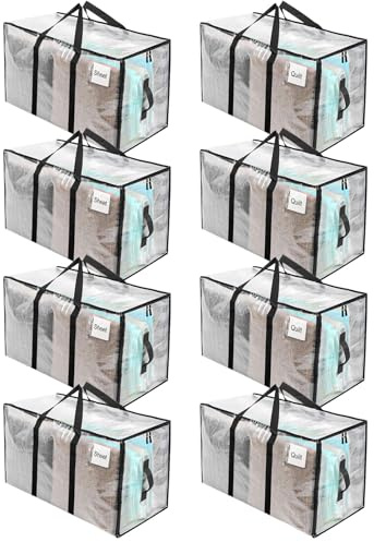 RICHIE Clear Heavy Duty Extra Large Moving Bags with Reinforced Handle and Double Zipper - Waterproof Storage Box with Tag Window - for Christmas Decorations, Moving & Travel, 90L (Clear, 8 Packs)