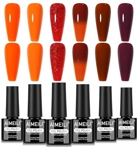 AIMEILI Fall Gel Nail Polish Set 6pcs, Cruelty Free, Vegan, Soak Off UV LED Gel Polish Burgundy Orange Nail Art Manicure Salon DIY - Kit 105