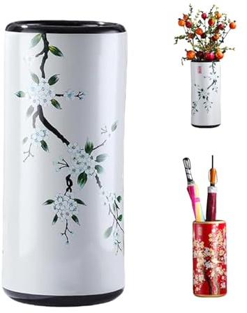 Ukkajovlex Luxurious Hand-Made Umbrella Stand Barrels，19.5cm X 44cm Retro Ceramic Floor Flower Pot - Versatile Storage Container For Flowers/Umbrellas, Planter, 6 Styles(White)