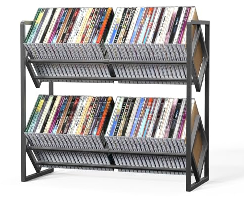 PAPAGIFTREE 2-Tier CD Storage Metal Display Shelf, CD Holder Rack with Adjustable Divider, Store up to 80 CDs for Non-slip Feet, Modern for Music Collection Enthusiasts Home Organization and Decor