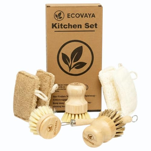 Ecovaya Set de cuisine - Set de vaisselle en bambou et loofah - Éponges et brosses de cuisine avec poils en sisal et coco - 100 % sans plastique