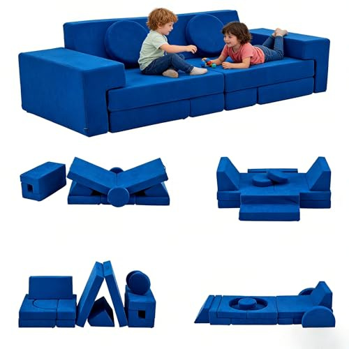 LALAHO Kindersofa Spielsofa für Kinder aus Kordsamt Cord，Klappbar Bausteine | Schaumstoff kindercouch & Kindersessel，Vielseitige über Frei Baubare DIY，für Kinder für Schlafzimmer Möbel，Spielzimmer（Blue）