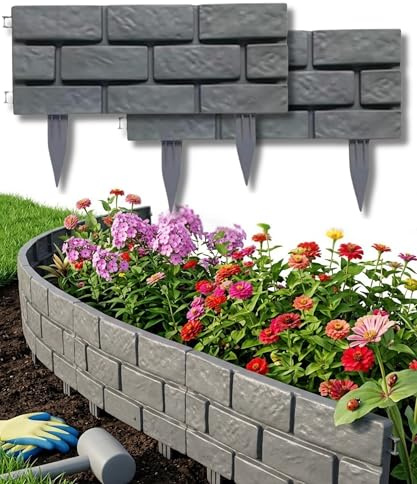 Electoys Lawn Edging Garden Flower Bed Edging Border Landscaping - Grass Borders Plastic Lawn Edger Outdoor Decor - Grey Plastic Interlocking Stone Effect Tiles - Easy Install - 45x18cm - Pack of 8