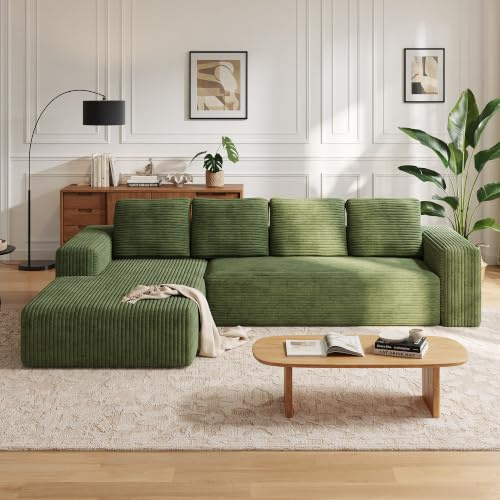 Wumagin 261cm Modulares L-förmiges Ecksofa mit Schlaffunktion, Rahmenloses 4-Sitzer-Schlafsofa, Cord Bodensofa mit Ottomane für Wohnzimmer, Freistehend, Keine Montage, Linksseitige Anordnung (Grün)
