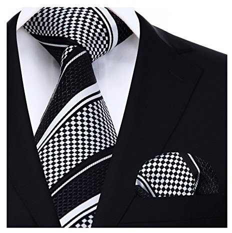 HISDERN Herren Krawatte Gestreifte Hochzeit Krawatte & Einstecktuch Set Schwarz-Weiss