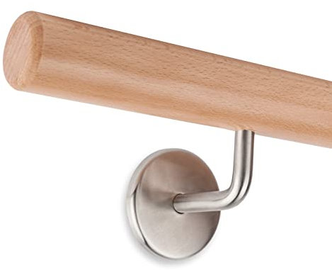 Handlauf Set Holz Buche 45mm rund inkl. 4 Edelstahlhalter zum Einschrauben_neu (380 cm)
