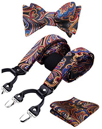 HISDERN Hosenträger Herren mit Fliege Set 6 starken Clips Extra Breit Stark Paisley Y Form Hosenträger für Herren und Einsteckuch…