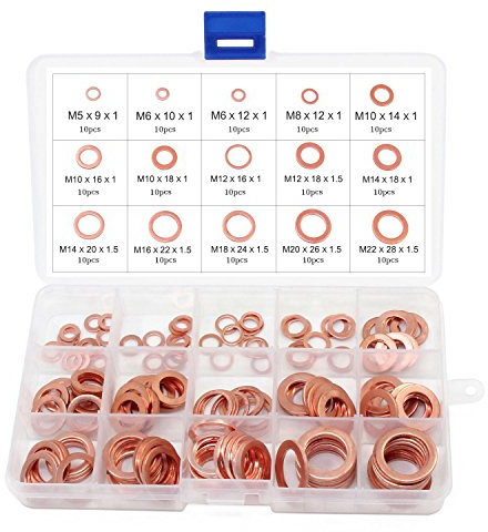 M5-M22 Flat Copper Washers Assorted Metal Solid Copper Crush Washers Set with 15 Size 150PCS