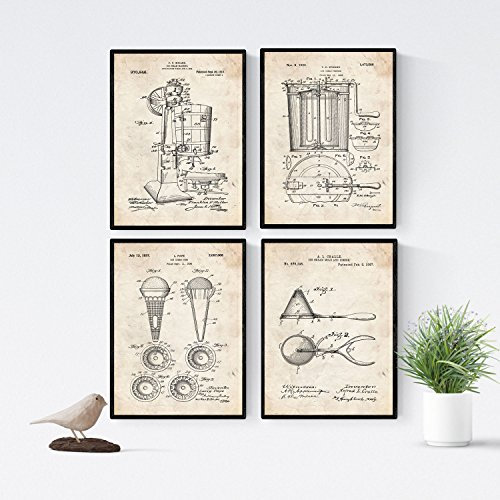 Nacnic Vintage Eismaschine Patent Poster 4-er Set. Vintage Stil Wanddekoration Abbildung von Eis und gefrorene Desserts. Verschiedene geometrische Alte Erfindungen Bilder ohne Rahmen. Größe A4.