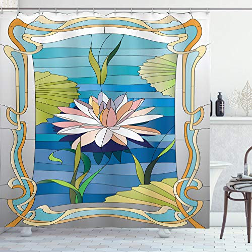 ABAKUHAUS Jugendstil Duschvorhang, Buntglas Lotus, Stoffliches Gewebe Badezimmerdekorationsset mit Haken, 175 x 240 cm, Meerblau