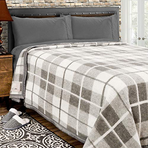 Poyet Motte Rivoli Decke, 400 g/m², 100 % Schurwolle, mittelschwer/schwer, maschinenwaschbar (graues Naturkaro, Doppelbettgröße)