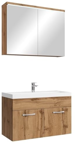 Badplaats Badmöbel Komplettset Paso 02 80 x 40 cm Eiche - Badezimmermöbel mit Waschbecken und Spiegelschrank