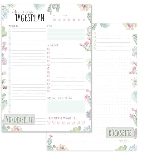 paper&you® A5 Tagesplaner Block Kakteen 50 Blatt - Daily Planner mit To-do-Liste, Zeitplan, Prios, Tages-Highligt und mehr - nachhaltig & klimafreundlich