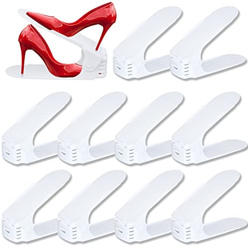 Froadp 30 Stück Einstellbare Schuhregale Rutschfest Schuhhalter 3 Höhenverstellbar PP Doppelschicht Schuhstapler Set Platzsparend Schuhaufbewahrung(Weiß)