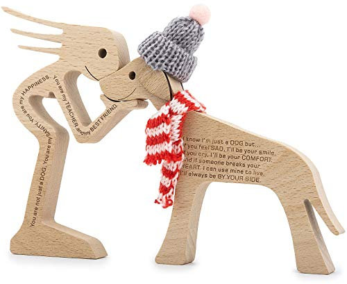 KINGNOW Holzfiguren Frau und Hund, Heimdekoration für Wohnzimmer (große Größe)