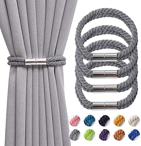 Pretty Jolly 4 Stück starke magnetische Vorhang-Raffhalter, Boho-Dekoration, Drapierung, handgefertigt, Doppelseil-Vorhanghalter für dünne oder dicke Fenstervorhänge für Zuhause und Büro (grau)