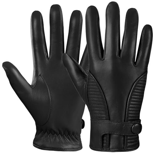 GSG SINCE 1998 Lederhandschuhe Herren Gefüttert Winter Lammfell Handschuhe Echtes Leder Warm Touchscreen Mit Kaschmir Gefüttert Schwarz M