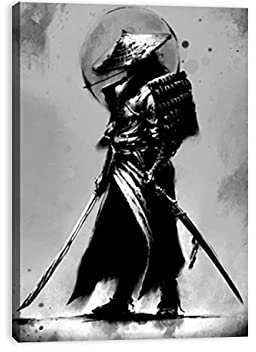 ZHONGYUTONG Schwarz Weiß Japan Samurai Porträt Leinwandposter mit Rahmen Japanische Wanddekoration Leinwandbilder Kunstdruck für Wohnzimmer (30x45cm)